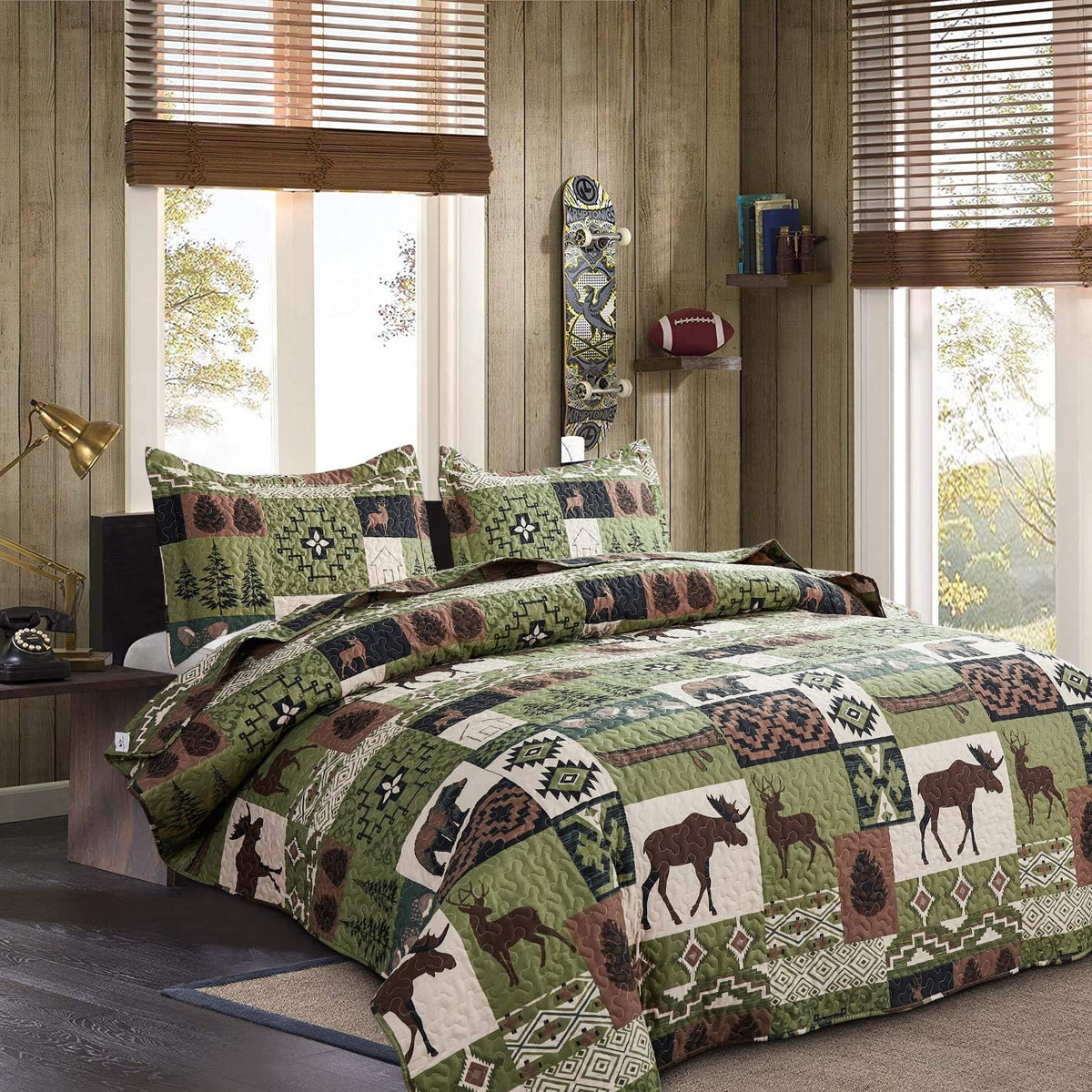 Rustic Quilt Set Queen Size Country Patchwork Quilt Bedding Home Lightweight Reversible Bedspread Rustic Bear Bedding Cabin Moose Forest Animal Coverlet