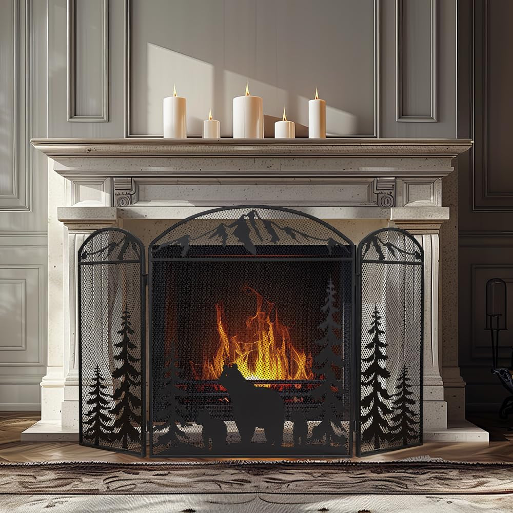 48" X 30" Fireplace Screen, 3 Panel Fire Place Cover for Living Room, Christmas Decoration Gate with Polar Bear for Brick Fireplace, Baby Proof, Pet Safety