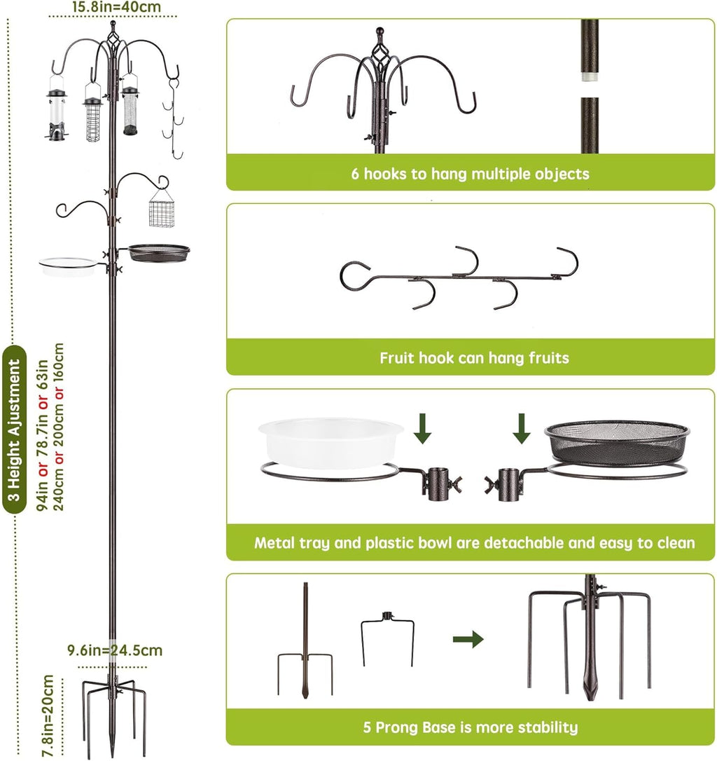 Bird Feeder Station with Suet Cage & Water Bowl Fruit Hook- Adjustable Pole, 6 Hanging Hooks for Wild Birds, Outdoor Garden Bird Feeding Kit