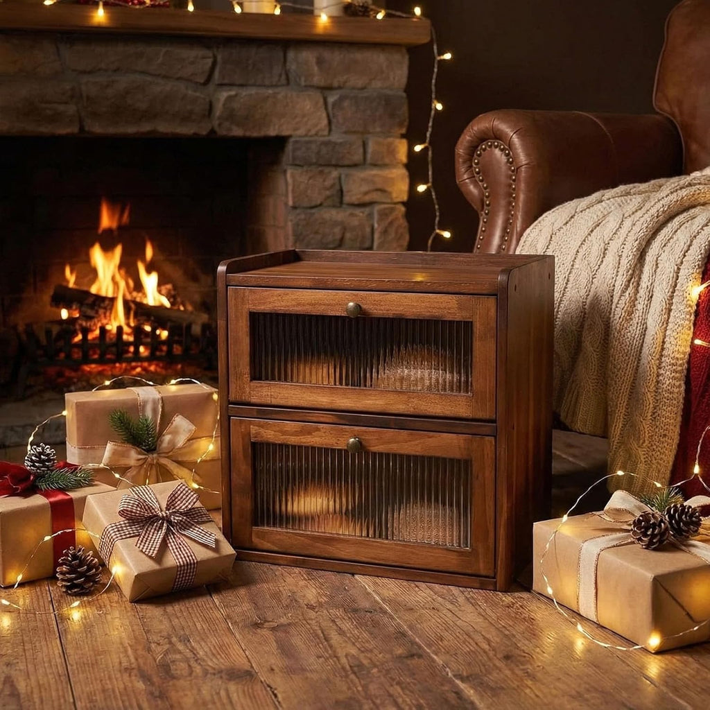 Bread Box for Kitchen Countertop Wooden Bread Storage Container Bin 2 Layer Breadbox Holder Large Capacity Keeper Vintage Farmhouse Food Organizer Pantry Shelf Acrylic Window (Brown)