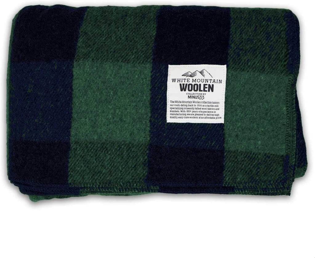 Camp Throw Blanket - 80% Recycled Wool - Buffalo Plaid - Warm Throw Blanket - Thick - Washable - 62W X 80L - Green and Blue Plaid