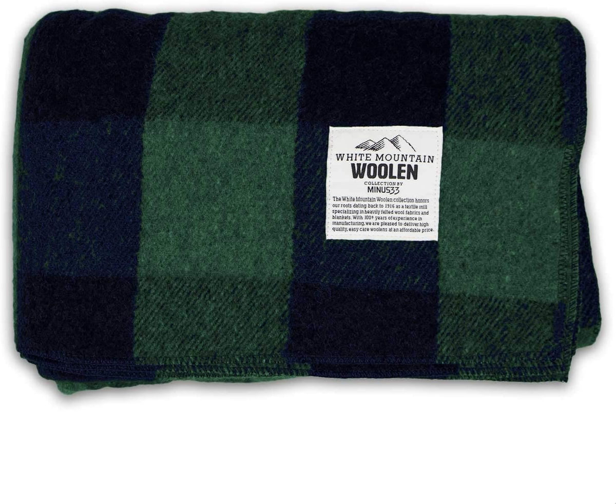 Camp Throw Blanket - 80% Recycled Wool - Buffalo Plaid - Warm Throw Blanket - Thick - Washable - 62W X 80L - Green and Blue Plaid