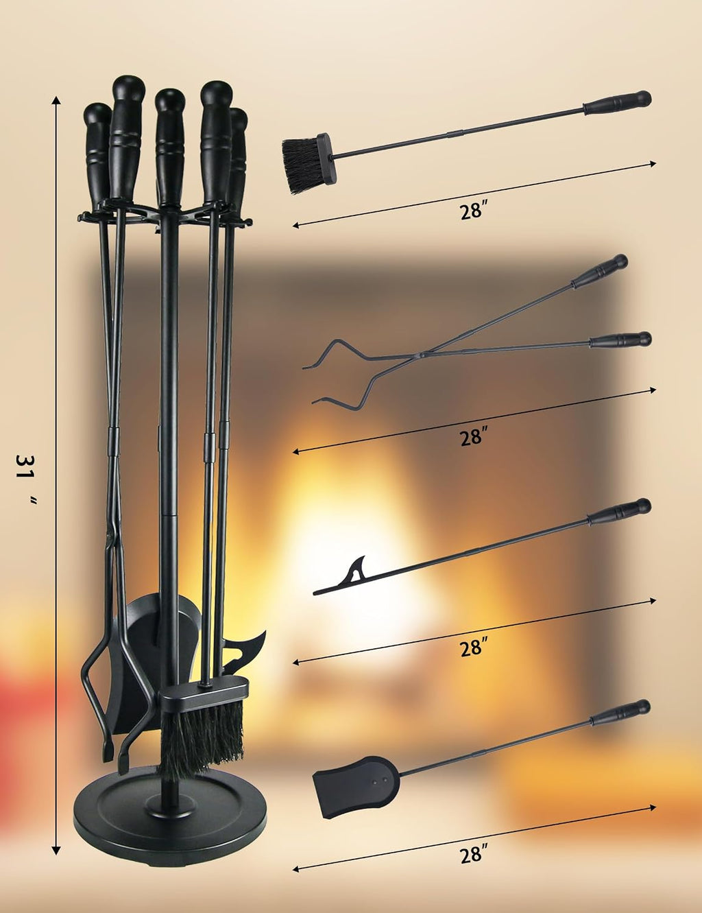 Fireplace Tools 5 Pcs 31.5In Fireplace Tool Set Indoor Fireside Accessories Large Fire Place Tools Set Outdoor Fireplace Kit with Poker Shovel Tongs Brush, Stand