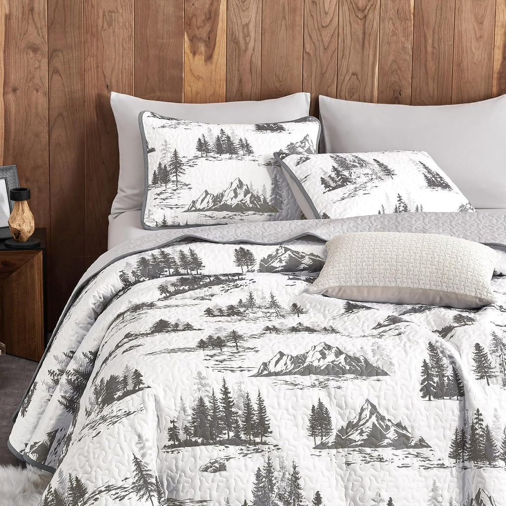 - Rustic Quilt Set, Cabin Forest Woodland Camping Theme with Lodge Mountain Print, Reversible Lightweight Bedspread Coverlet, 3 Pieces, Grey White, Queen/Full Size