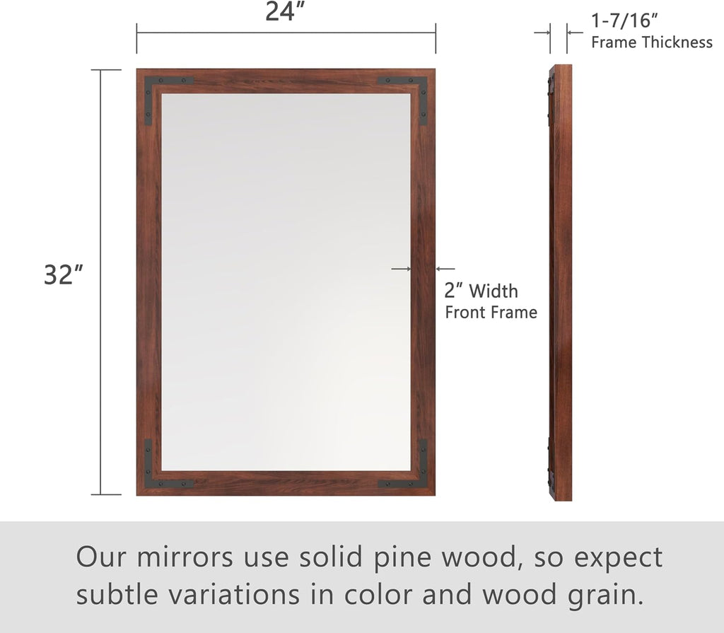 Rustic Wood Framed Mirror 24 X 32 Inch, Natural Dark Brown Wooden Rectangle Bathroom Vanity Wall Mirror for Farmhouse Boho Decor, 1/4-Inch Shatterproof Glass | Waterproof