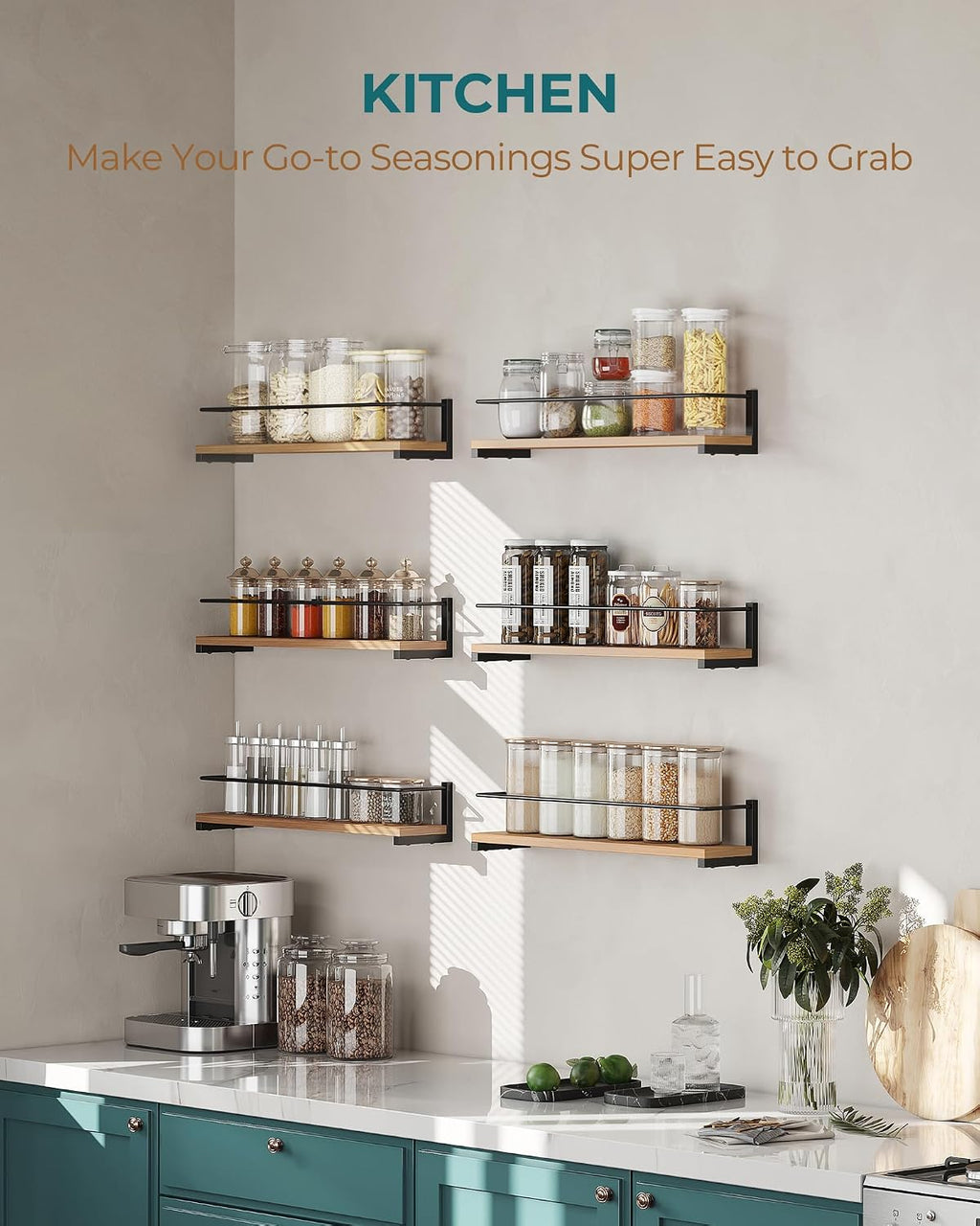 Wooden Spice Rack Wall Mounted, over the Stove, Kitchen Wall, 4 Pack