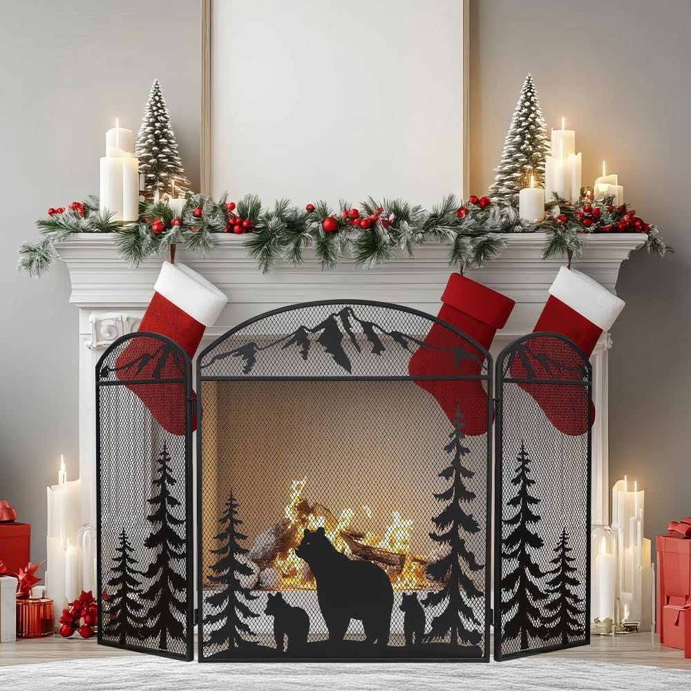 48" X 30" Fireplace Screen, 3 Panel Fire Place Cover for Living Room, Christmas Decoration Gate with Polar Bear for Brick Fireplace, Baby Proof, Pet Safety