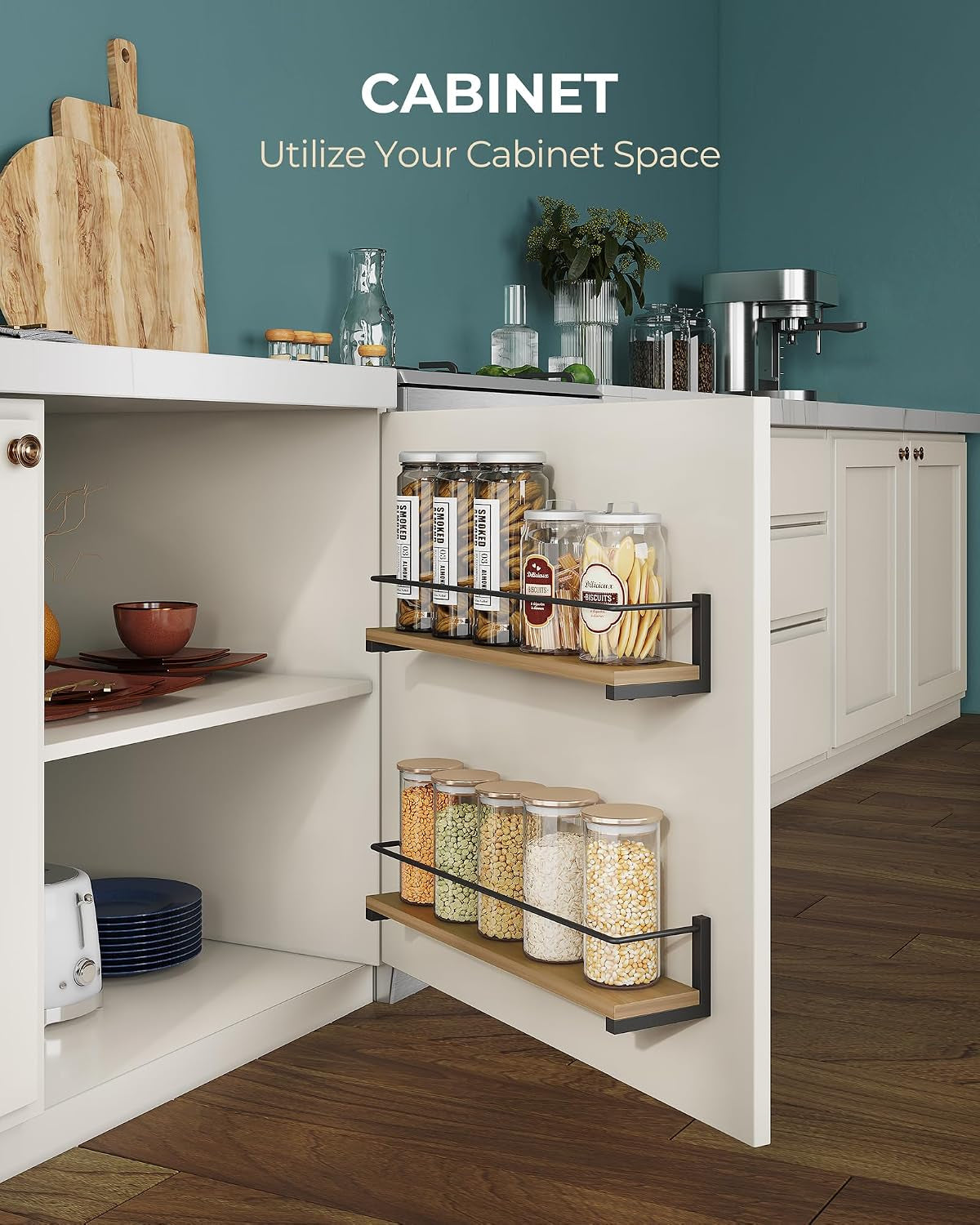 Wooden Spice Rack Wall Mounted, over the Stove, Kitchen Wall, 4 Pack