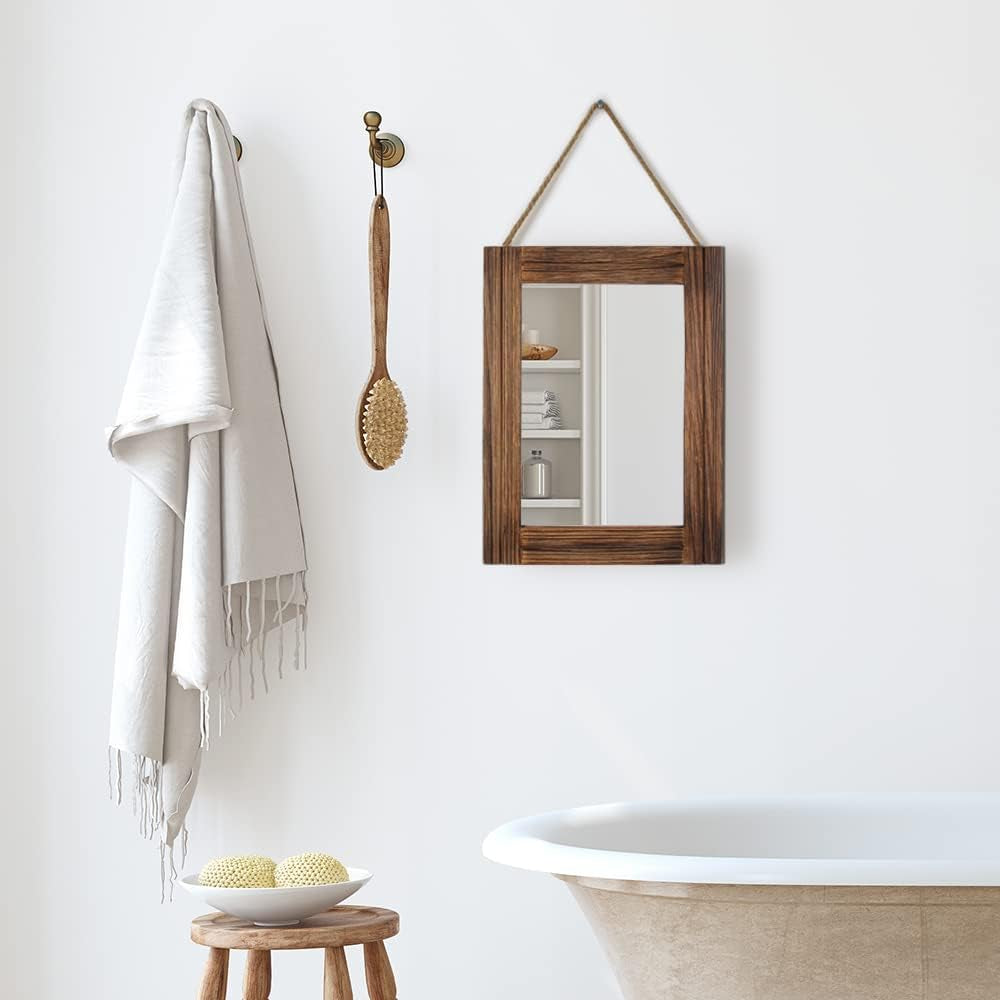 16 X 12 Inch Rustic Wood Framed Wall Mirror with Hanging Rope for Farmhouse Decor, for Entryway, Bedroom, Bathroom, Dresser, Brown