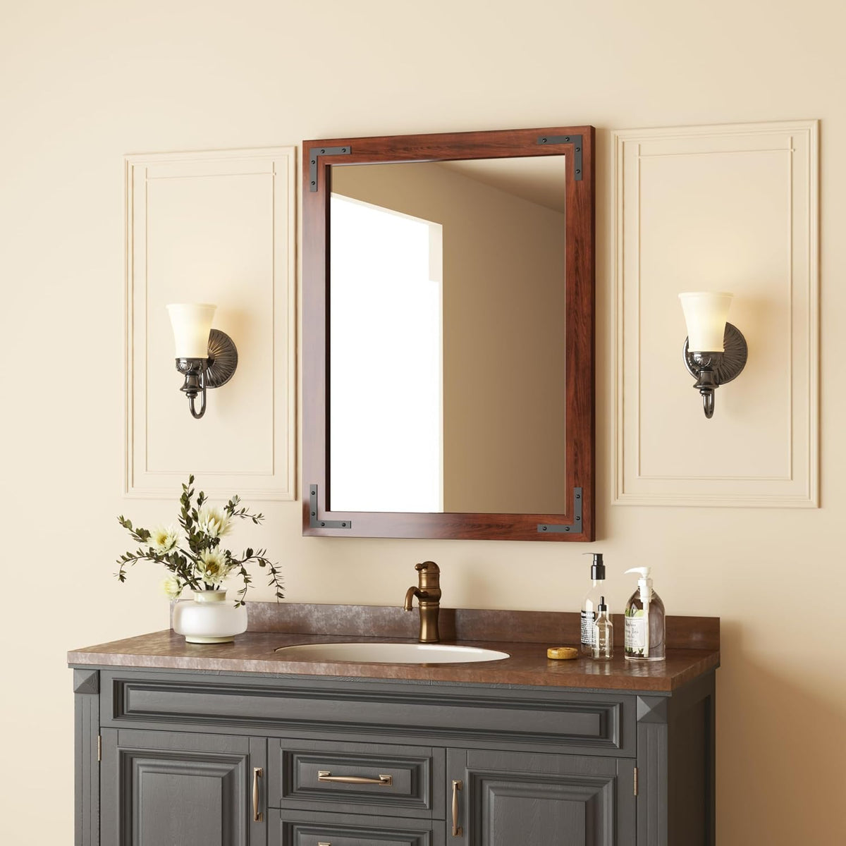 Rustic Wood Framed Mirror 24 X 32 Inch, Natural Dark Brown Wooden Rectangle Bathroom Vanity Wall Mirror for Farmhouse Boho Decor, 1/4-Inch Shatterproof Glass | Waterproof