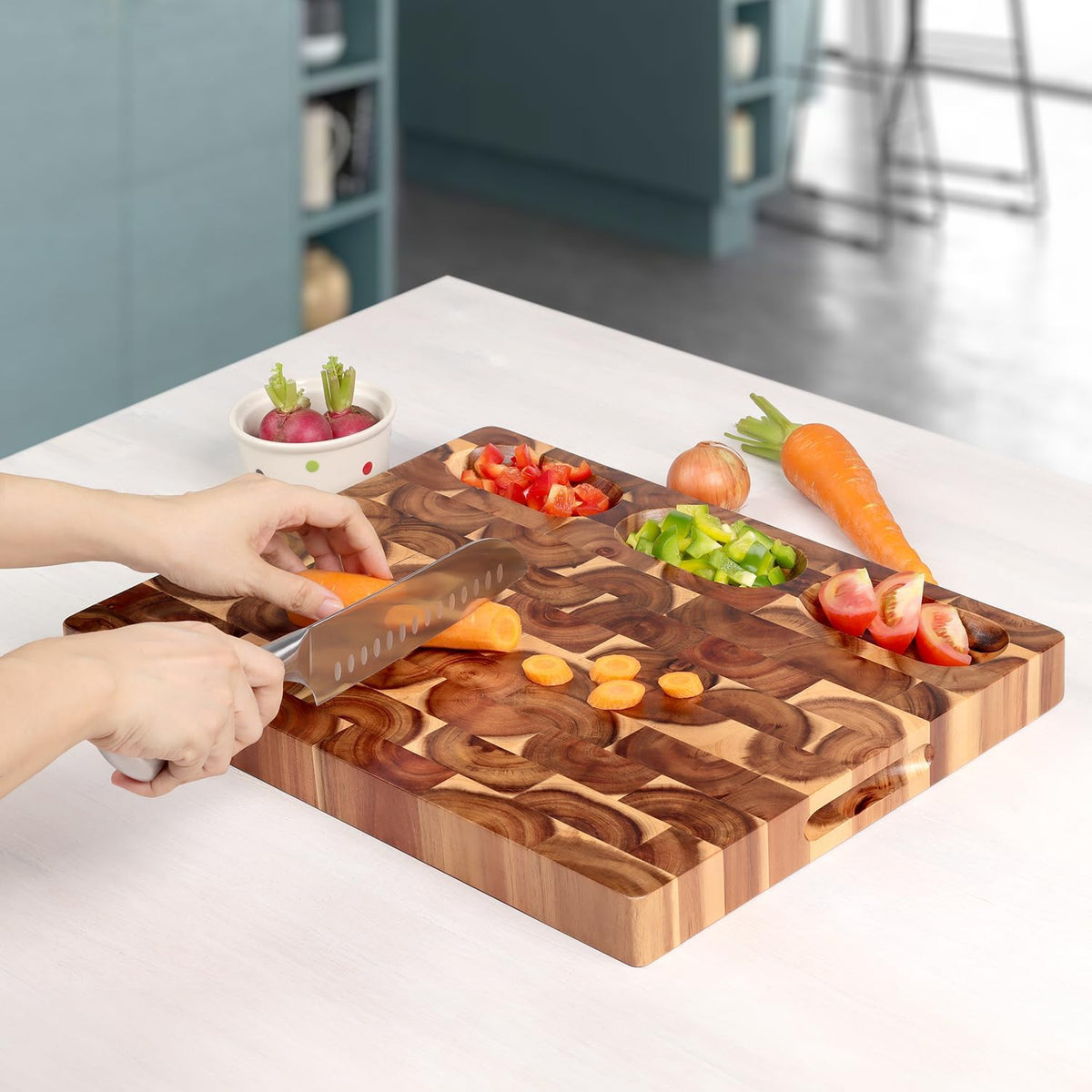 XL Acacia End Grain Wood Cutting Board (20X15X1.5In) Acacia Wooden Cutting Board, Butcher Block, Chopping Board - Reversible Multipurpose for Kitchen with Juice Groove, Cracker Holder & Inner Handles.