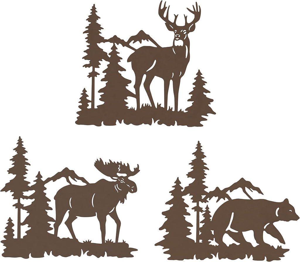 Set of 3 Brown Metal Deer Bear Moose Pine Tree Wall Decor 9.3 Inch, Rustic Cabin Indoor Outdoor Hanging Ornament