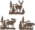 Set of 3 Brown Metal Deer Bear Moose Pine Tree Wall Decor 9.3 Inch, Rustic Cabin Indoor Outdoor Hanging Ornament