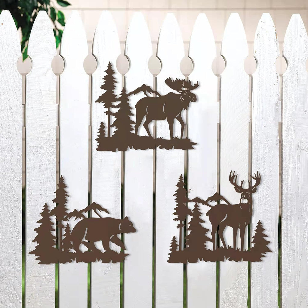 Set of 3 Brown Metal Deer Bear Moose Pine Tree Wall Decor 9.3 Inch, Rustic Cabin Indoor Outdoor Hanging Ornament