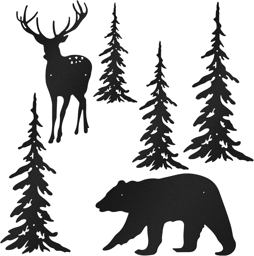 6 Pcs Metal Pine Tree Wall Art, Deer Bear Decor, Black