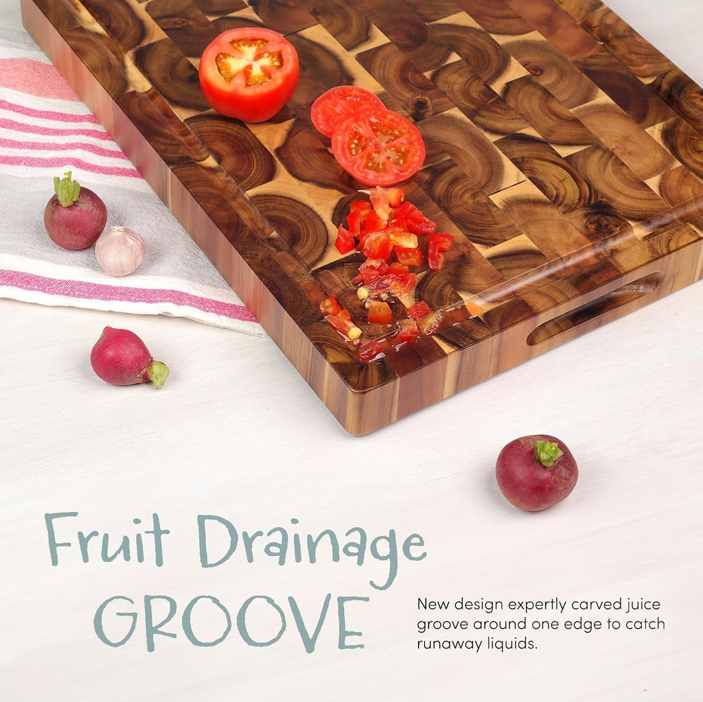 XL Acacia End Grain Wood Cutting Board (20X15X1.5In) Acacia Wooden Cutting Board, Butcher Block, Chopping Board - Reversible Multipurpose for Kitchen with Juice Groove, Cracker Holder & Inner Handles.