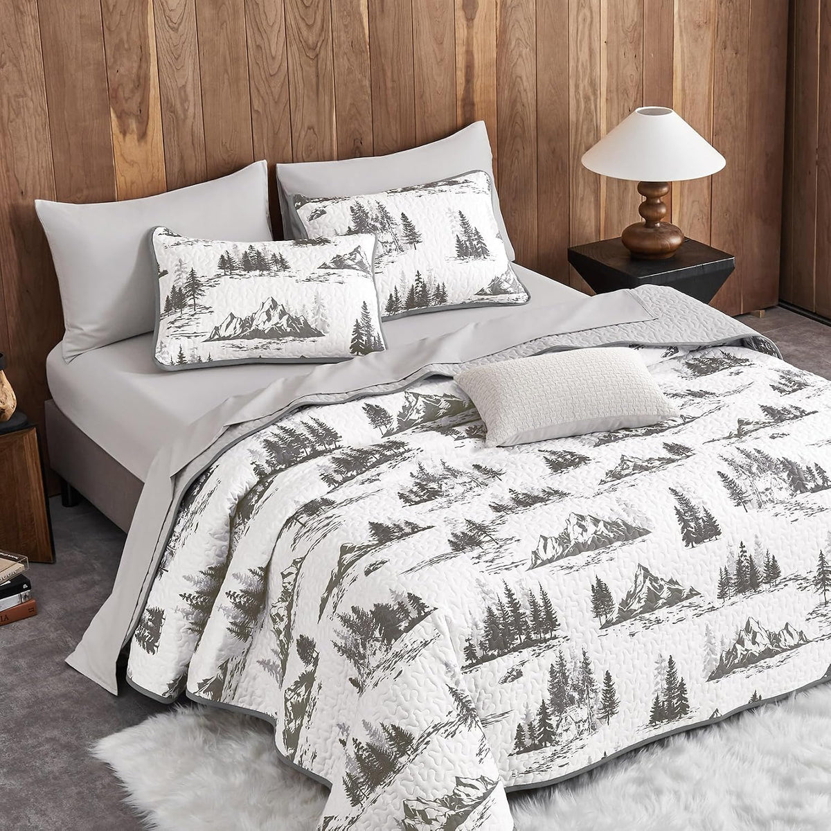 - Rustic Quilt Set, Cabin Forest Woodland Camping Theme with Lodge Mountain Print, Reversible Lightweight Bedspread Coverlet, 3 Pieces, Grey White, Queen/Full Size
