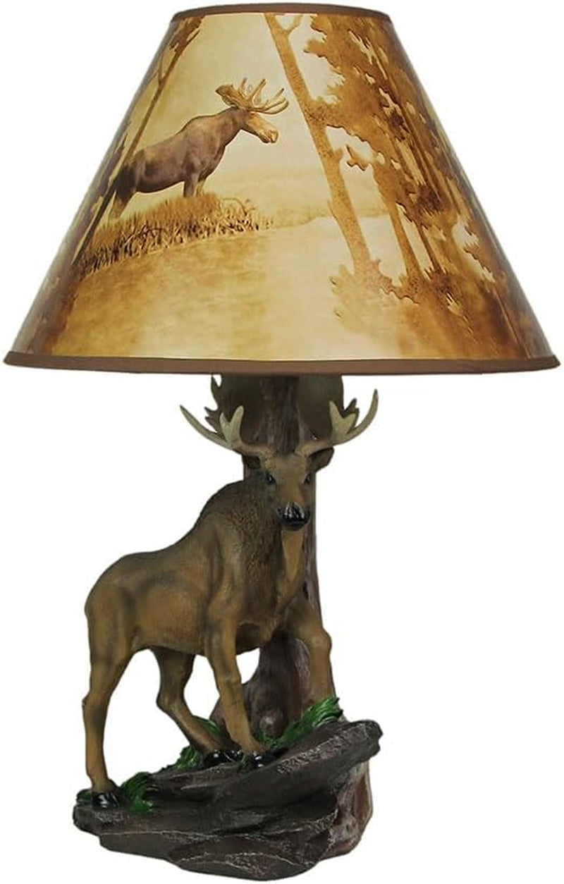 North American Bull Moose Table Lamp with a 12-Inch Diameter Forest Print Shade- Wildlife Decor - Perfect for Living Rooms, Cabins, and Bedrooms - 20 Inches Tall