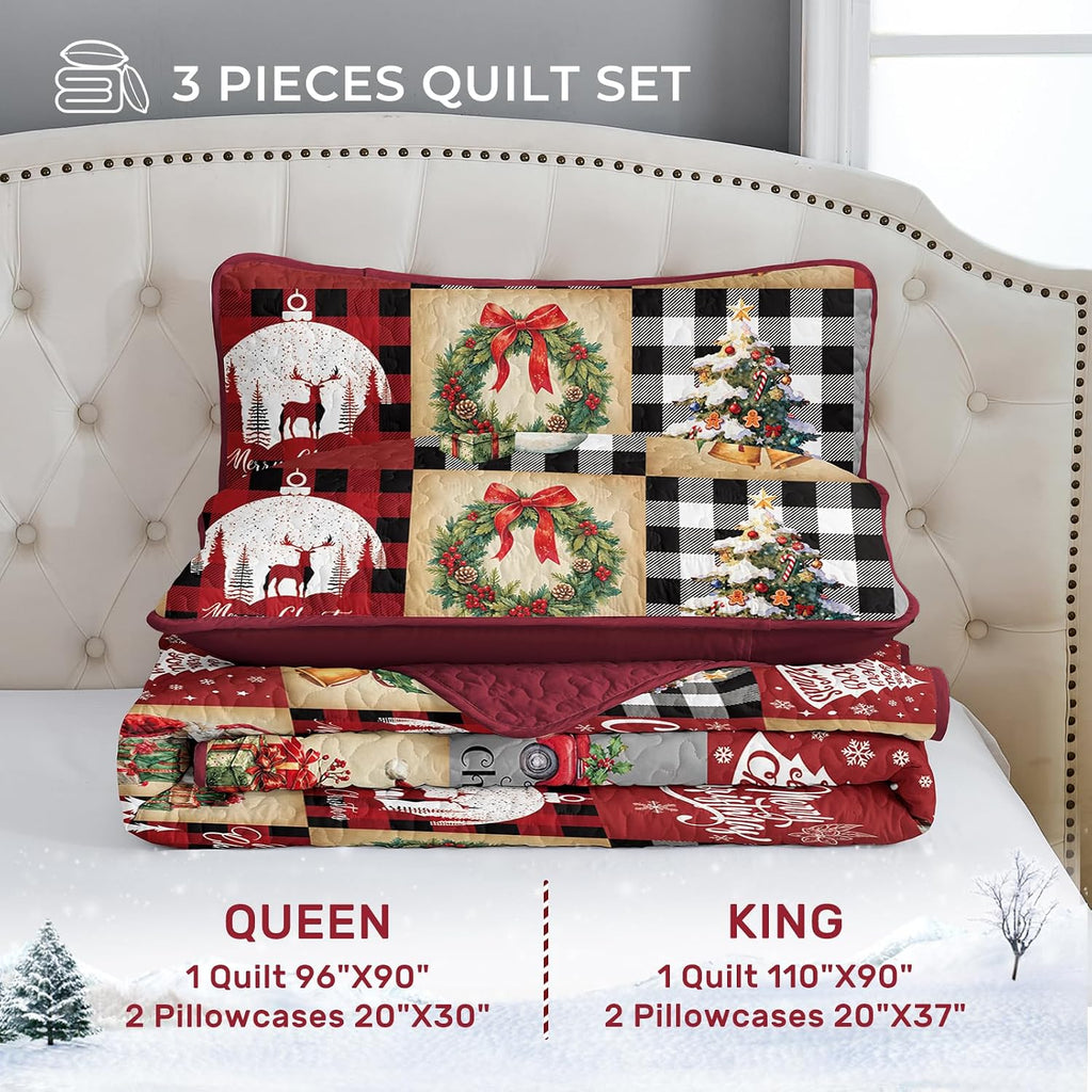 Christmas Quilt Set Queen Size, Red Black Buffalo Plaid Bedspread Coverlet