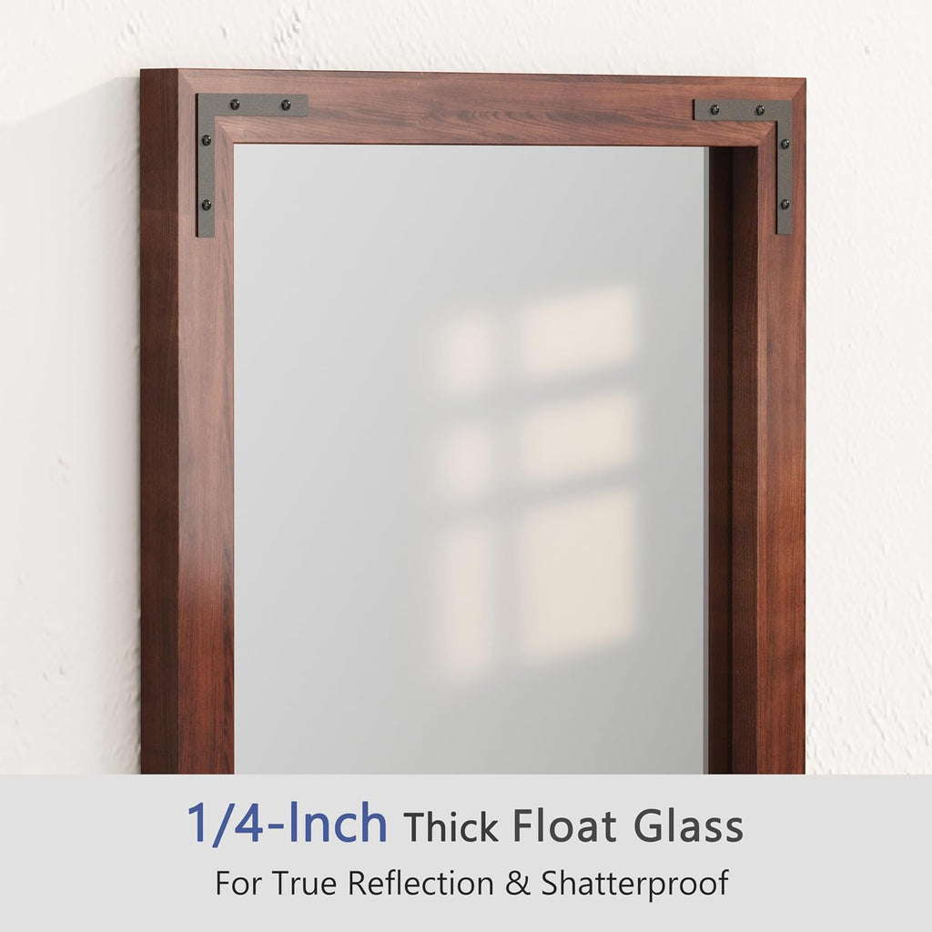 Rustic Wood Framed Mirror 24 X 32 Inch, Natural Dark Brown Wooden Rectangle Bathroom Vanity Wall Mirror for Farmhouse Boho Decor, 1/4-Inch Shatterproof Glass | Waterproof