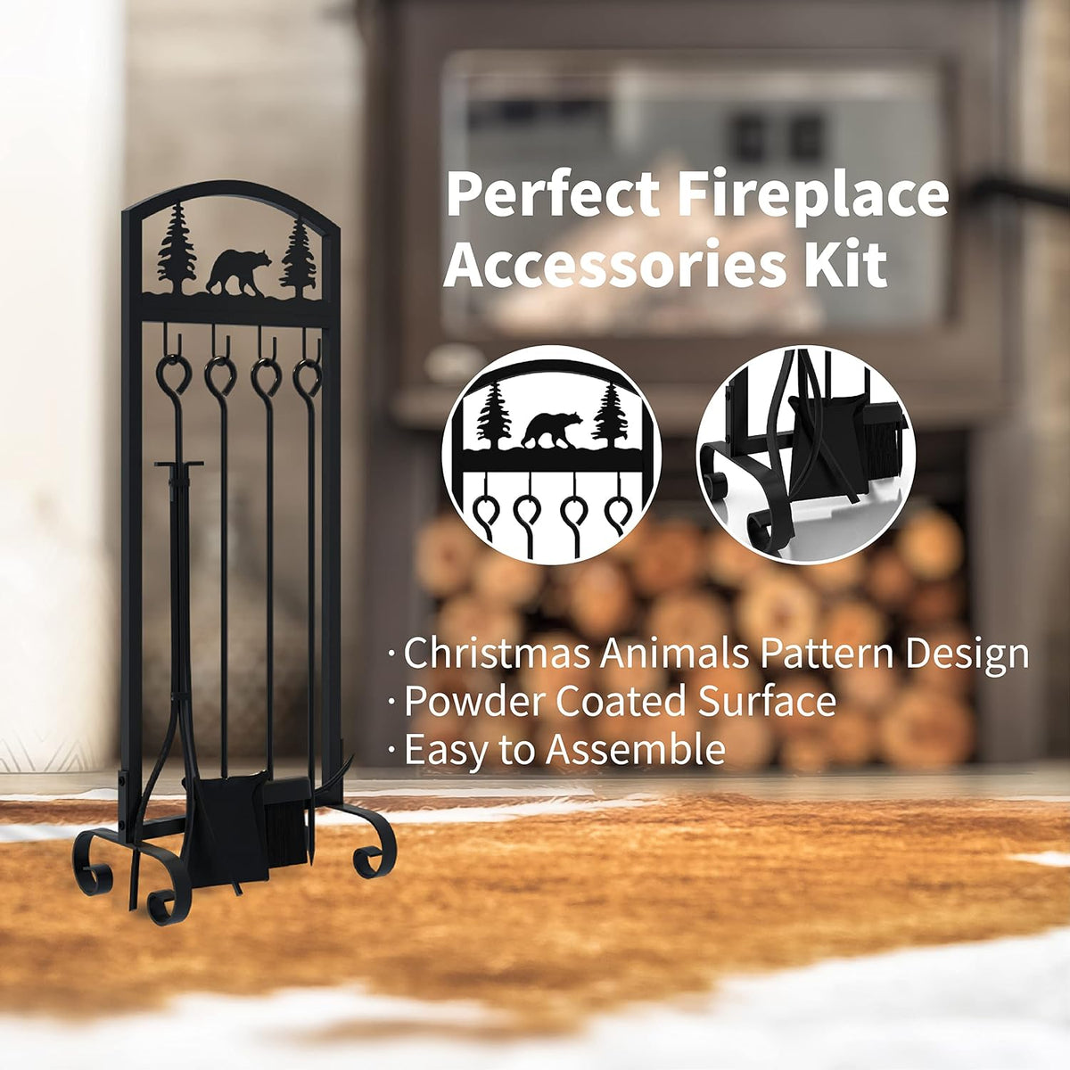 Fireplace Tools Set 5 Piece, 30.5 in Wrought Iron, Animal Print