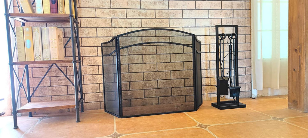 Lizh Metalwork 3 Panels Fireplace Screen with Arch Frame Simple Design 48"(L) X 29"(H),Black