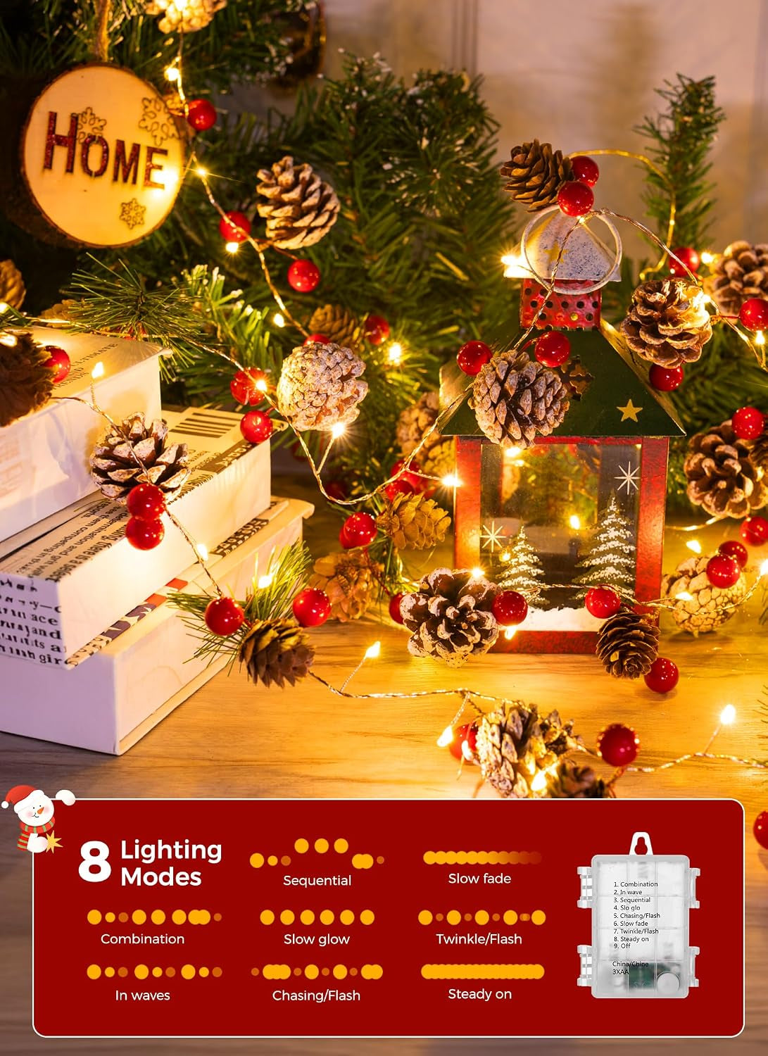 Christmas Pine Lighted Garland Decor,9.8 Ft 60 LED with 8 Modes 2PC