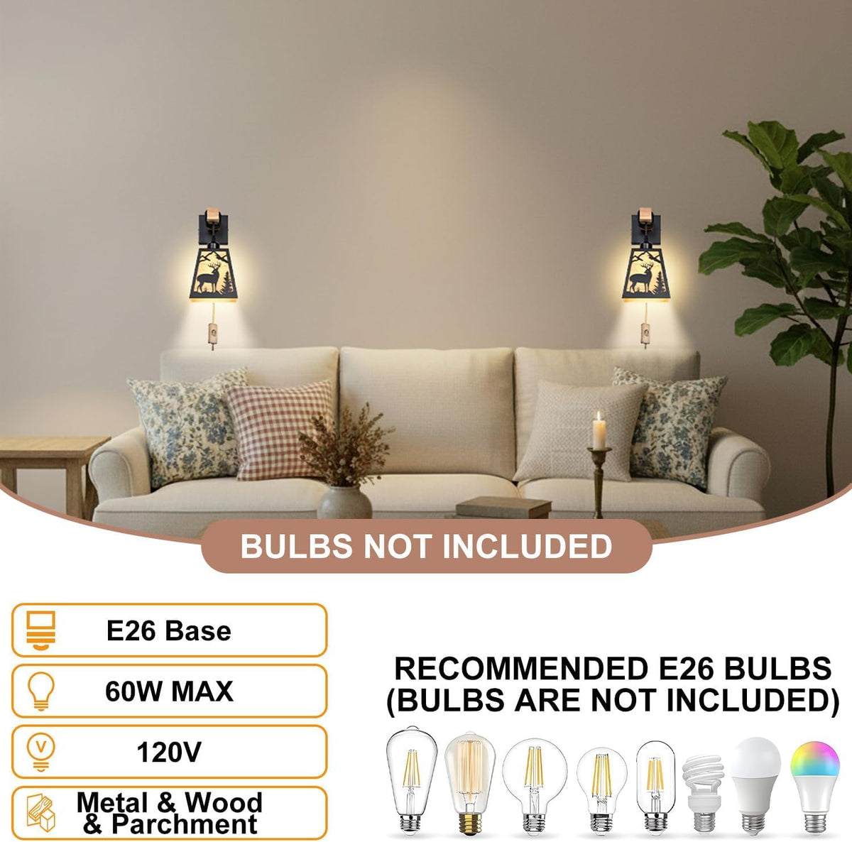 Plug in Wall Sconce,Deer Matte Metal Rustic Wall Sconces,Black Wall Lights,Farmhouse Parchment Paper Shades Wall Sconce Set of Two,Wall Lamps for Bedside,Living Room,Bedroom,Hallway,Bathroom