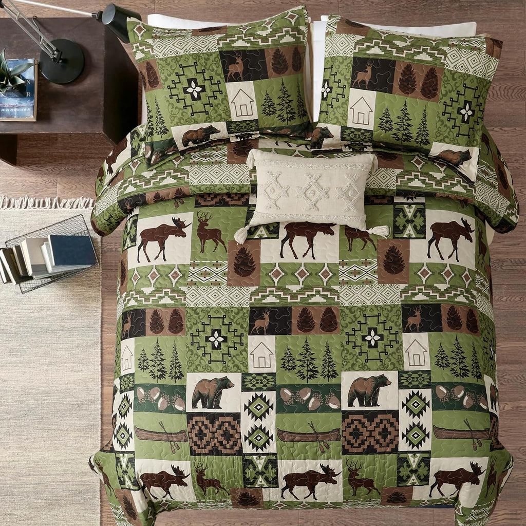 Rustic Quilt Set Queen Size Country Patchwork Quilt Bedding Home Lightweight Reversible Bedspread Rustic Bear Bedding Cabin Moose Forest Animal Coverlet