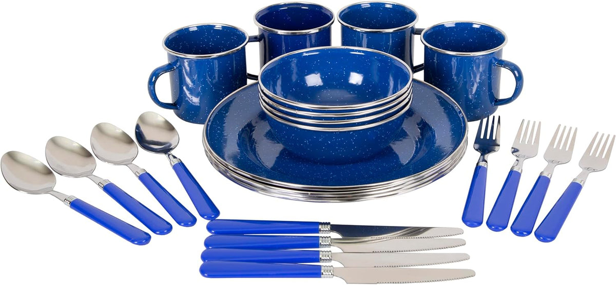 Deluxe 24-Piece Enamel Tableware Set - Enamel Plates and Bowls Lightweight and Durable Camp Dish Set for Camping and Backpacking Plates and Bowls for 4 People