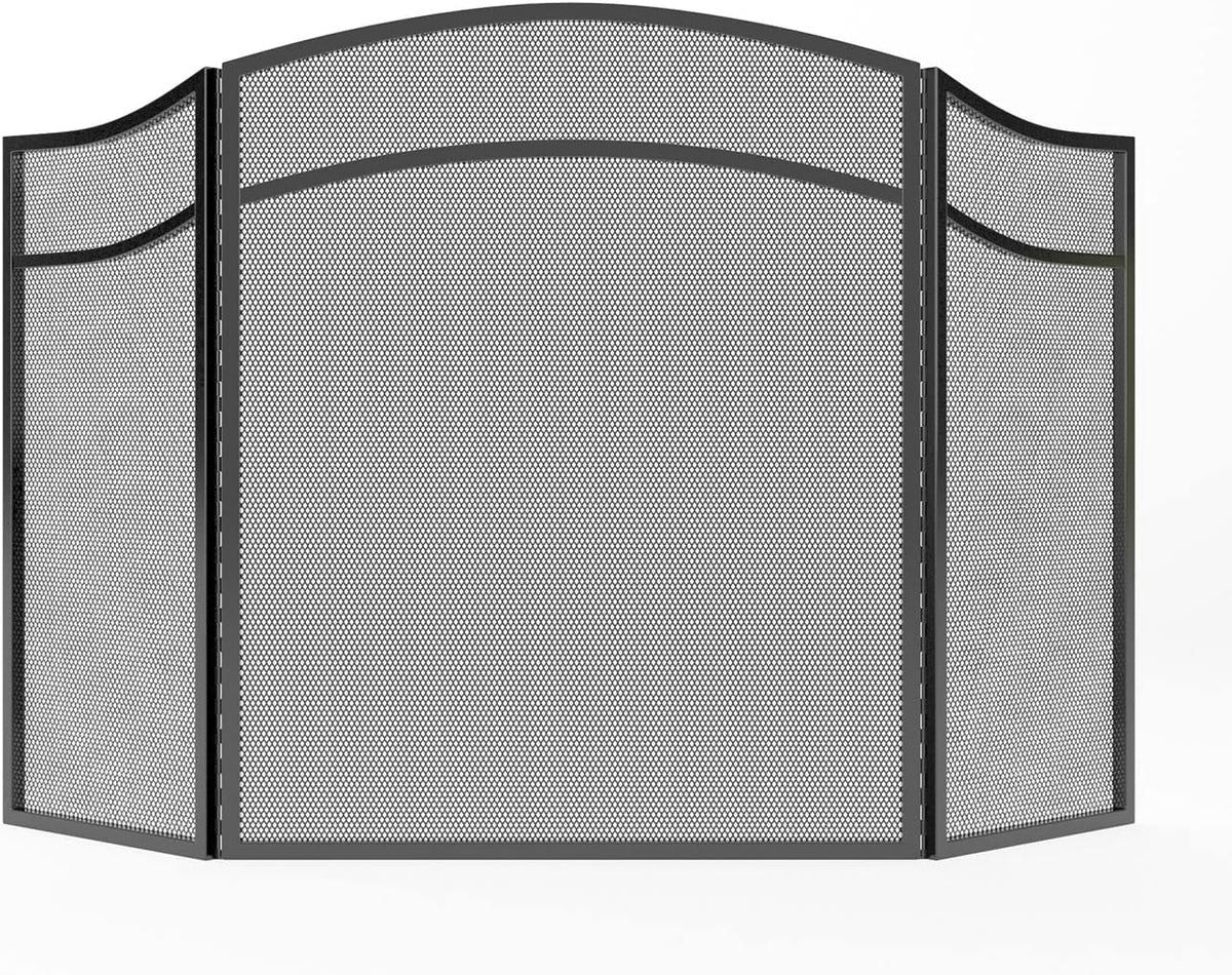 Lizh Metalwork 3 Panels Fireplace Screen with Arch Frame Simple Design 48"(L) X 29"(H),Black