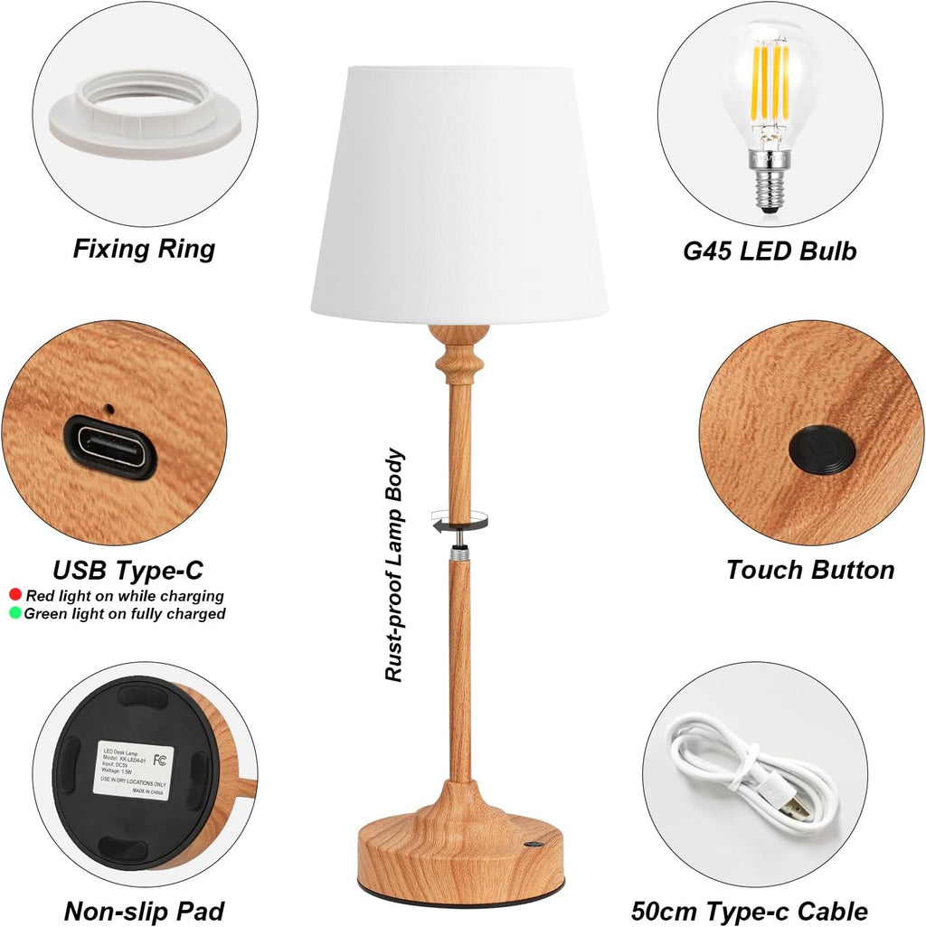 Cordless Table Lamps Rechargeable Set - 2 Pack Wooden 4000Mah Battery Operated Lamps for Decor, 3000K Stepless Dimming Touch Control Wireless Lamps for Bedroom, Dining Table
