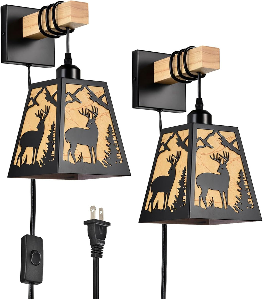 Plug in Wall Sconce,Deer Matte Metal Rustic Wall Sconces,Black Wall Lights,Farmhouse Parchment Paper Shades Wall Sconce Set of Two,Wall Lamps for Bedside,Living Room,Bedroom,Hallway,Bathroom