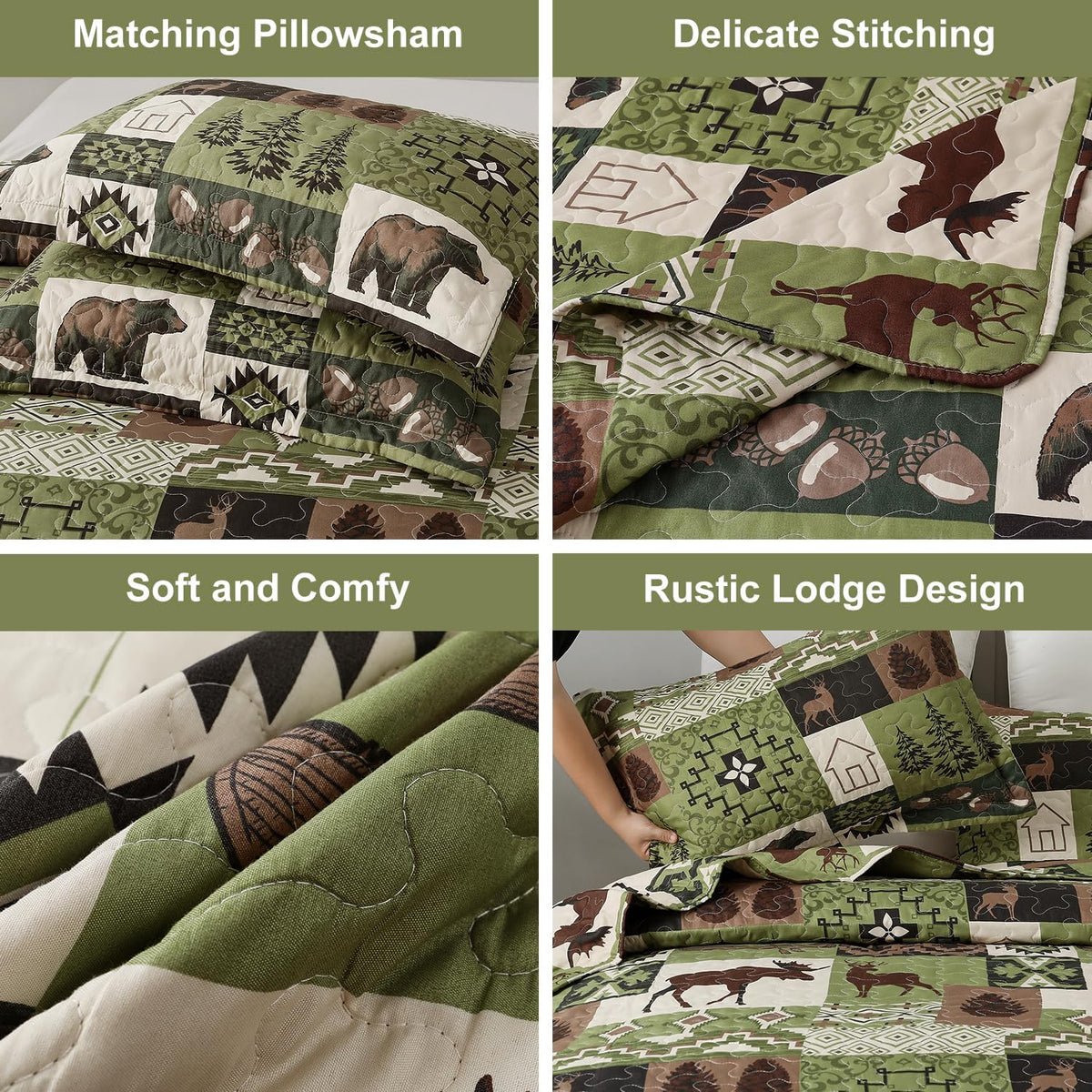 Rustic Quilt Set Queen Size Country Patchwork Quilt Bedding Home Lightweight Reversible Bedspread Rustic Bear Bedding Cabin Moose Forest Animal Coverlet
