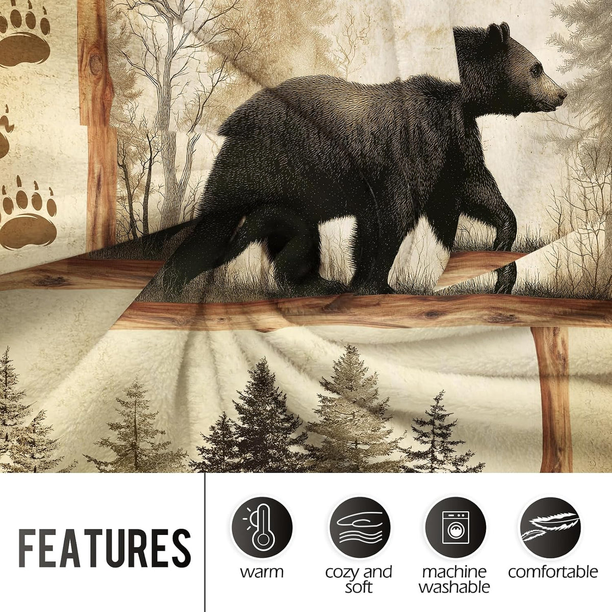 Bear Blanket Rustic Cabin Throw Blankets Gifts for Men Women, 60"X50" Farmhouse Country Bear Moose Forest Wild Animal Vintage Throw Blanket, Hunting Camping Flannel Throws Decor for Couch Bed Bedroom
