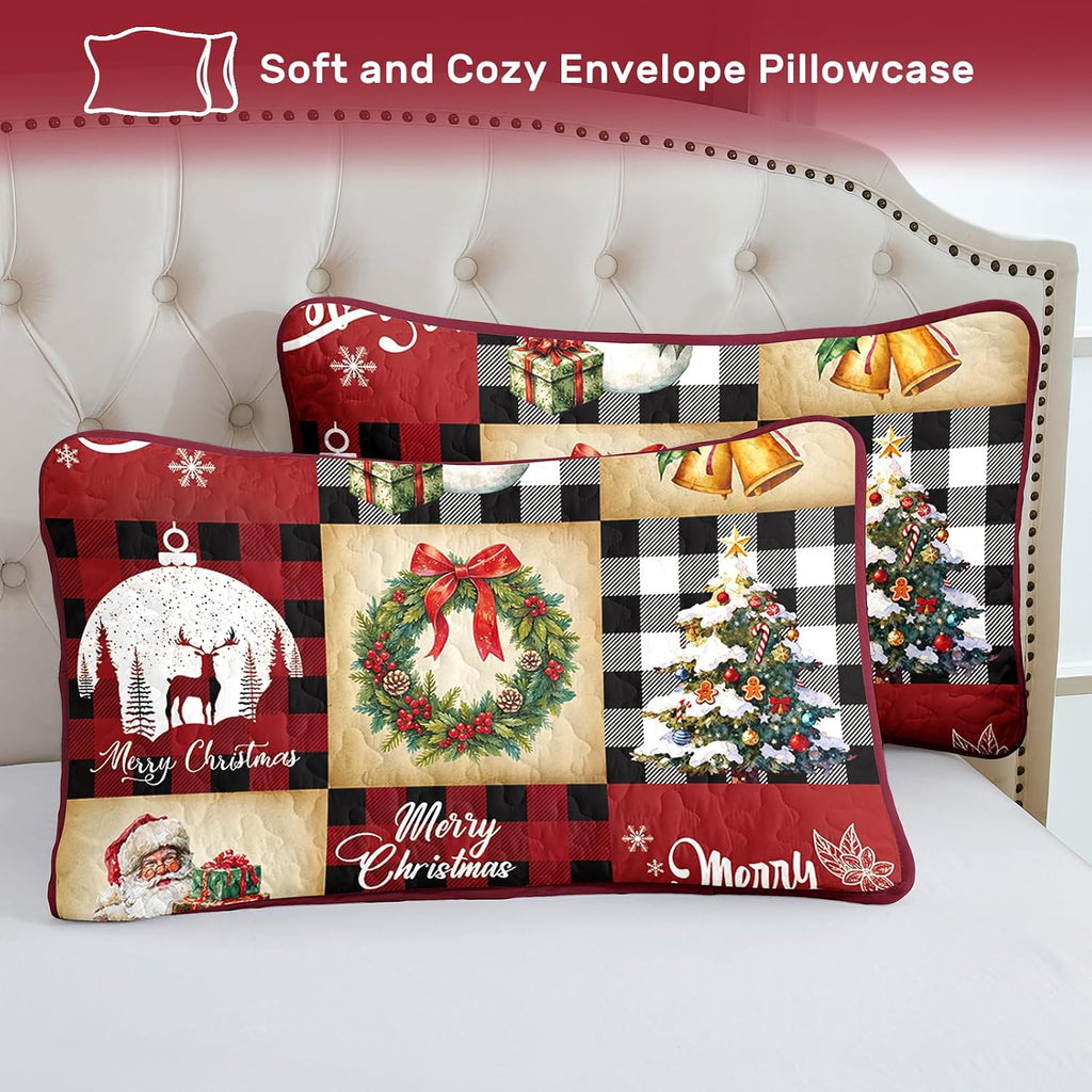 Christmas Quilt Set Queen Size, Red Black Buffalo Plaid Bedspread Coverlet