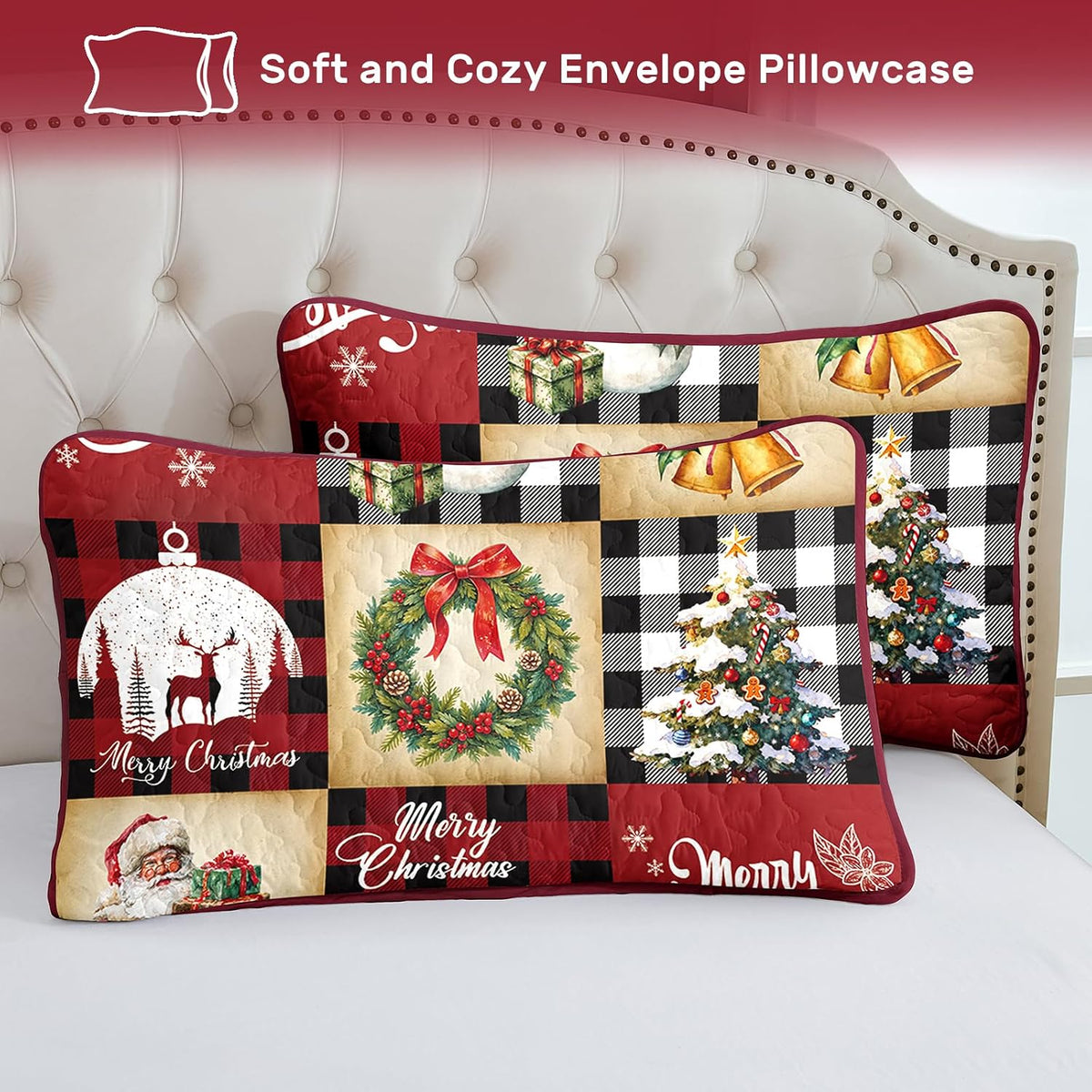 Christmas Quilt Set Queen Size, Red Black Buffalo Plaid Bedspread Coverlet