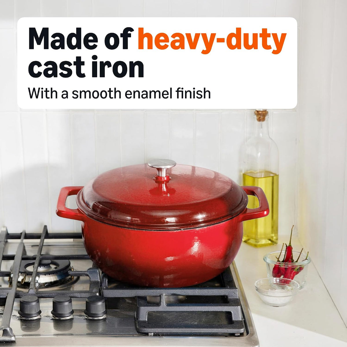 Enameled Cast Iron Dutch Oven Pot with Lid, 6-Quart, Round, Dual Handles, Heavy-Duty, Oven Safe for Stews, Roasting & Baking, Red