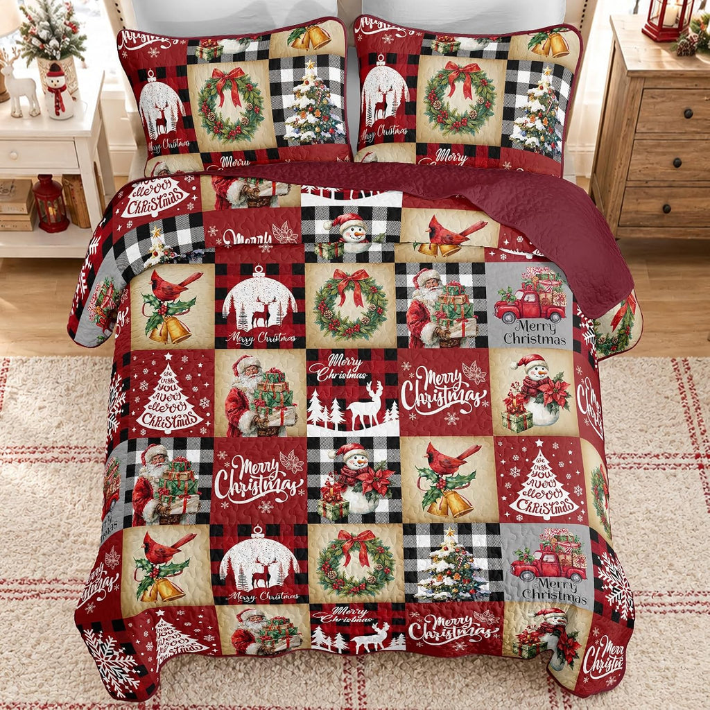 Christmas Quilt Set Queen Size, Red Black Buffalo Plaid Bedspread Coverlet