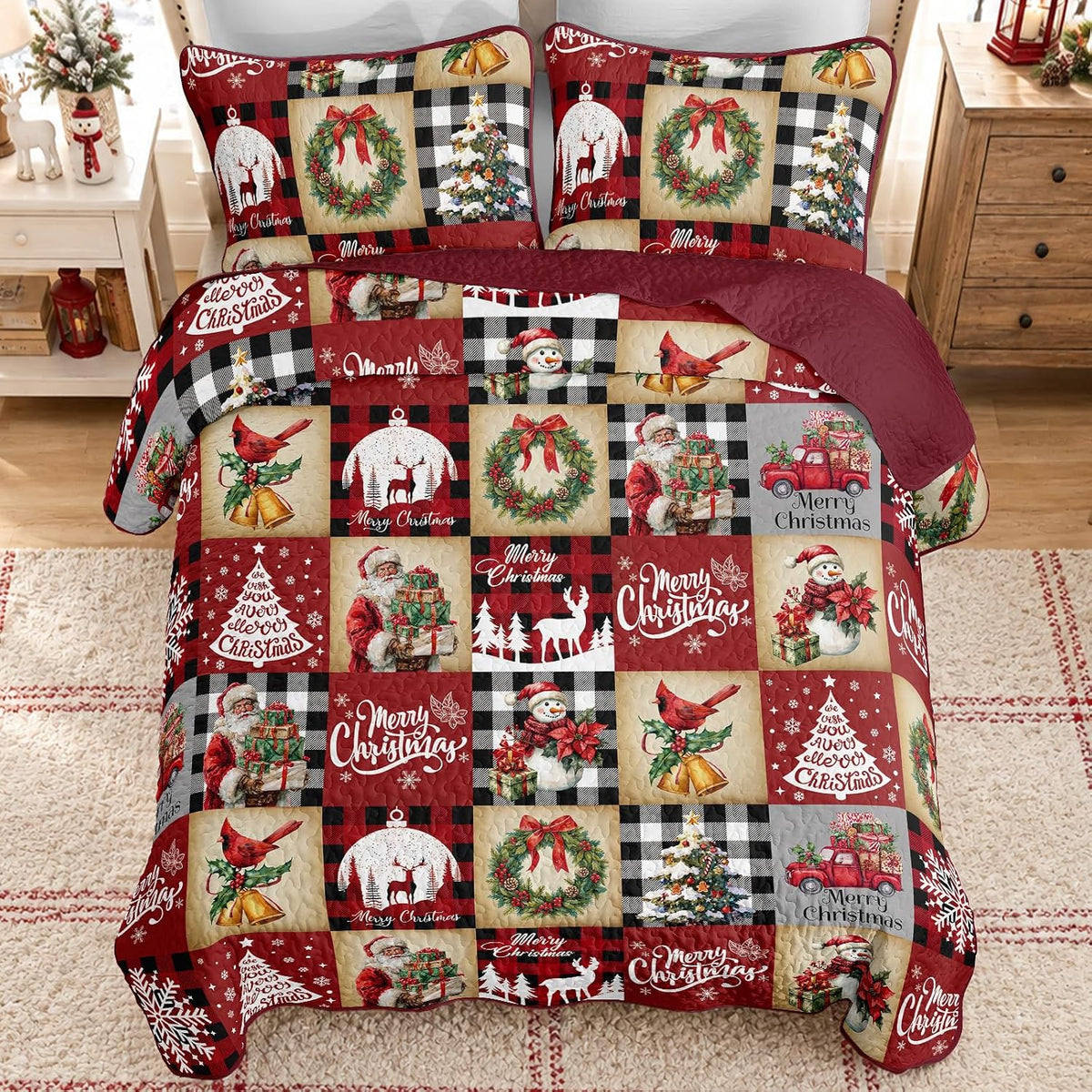 Christmas Quilt Set Queen Size, Red Black Buffalo Plaid Bedspread Coverlet