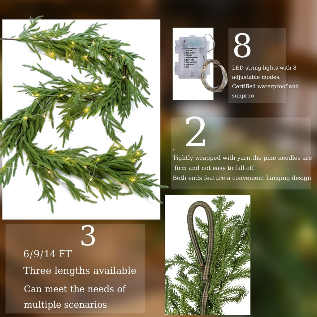 Christmas Garland with Lights, Real Touch Winter Pine Garland, Green Artificial Greenery Garland for Table, Mantle, Wall, Indoor, Outdoor Christmas Decorations