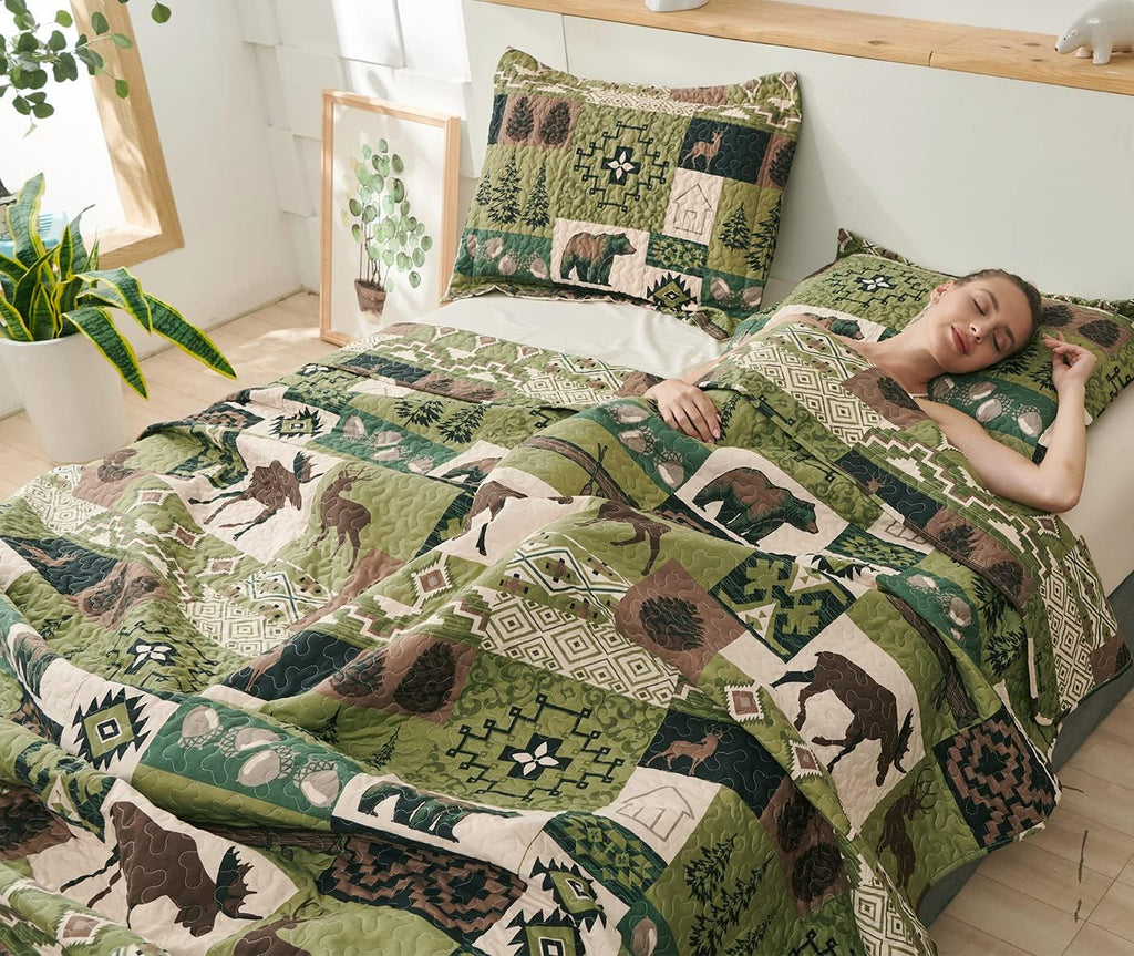 Rustic Quilt Set Queen Size Country Patchwork Quilt Bedding Home Lightweight Reversible Bedspread Rustic Bear Bedding Cabin Moose Forest Animal Coverlet