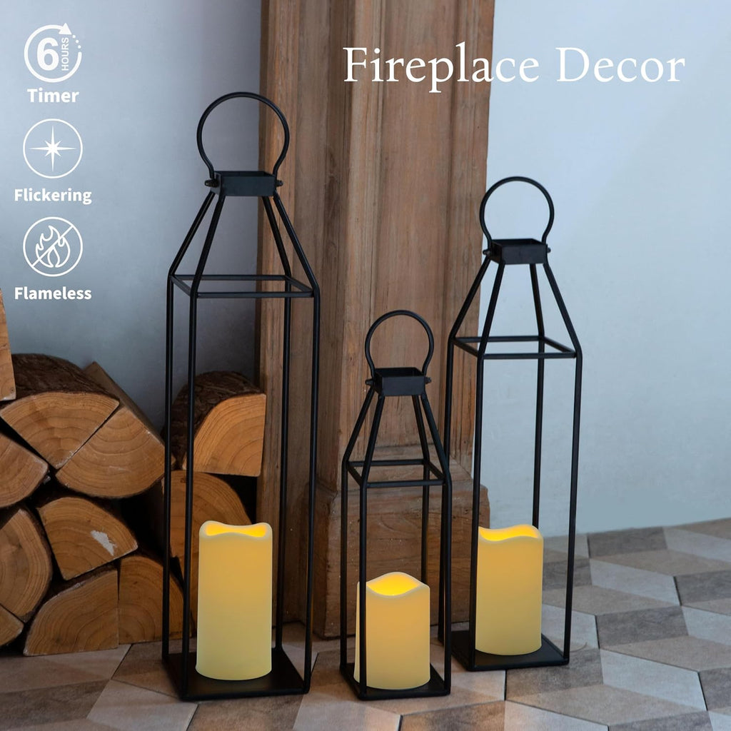 Set of 3 Black Metal Lanterns W/ Waterproof Flickering Flameless Candle & Remote Timer, Modern Farmhouse Lanterns Decorative for Outdoor, Front Porch, Indoor, Patio, Garden, Fireplace