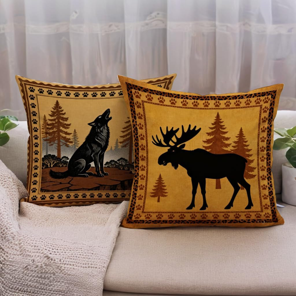Rustic Wildlife Pillow Covers 18X18 Inch Set of 4, Moose Bear Wolf Cabin Decor Throw Pillow Cases, Farmhouse Vintage Forest Animal Cushion Covers for Living Room Sofa Rustic Home Decor (Brown)