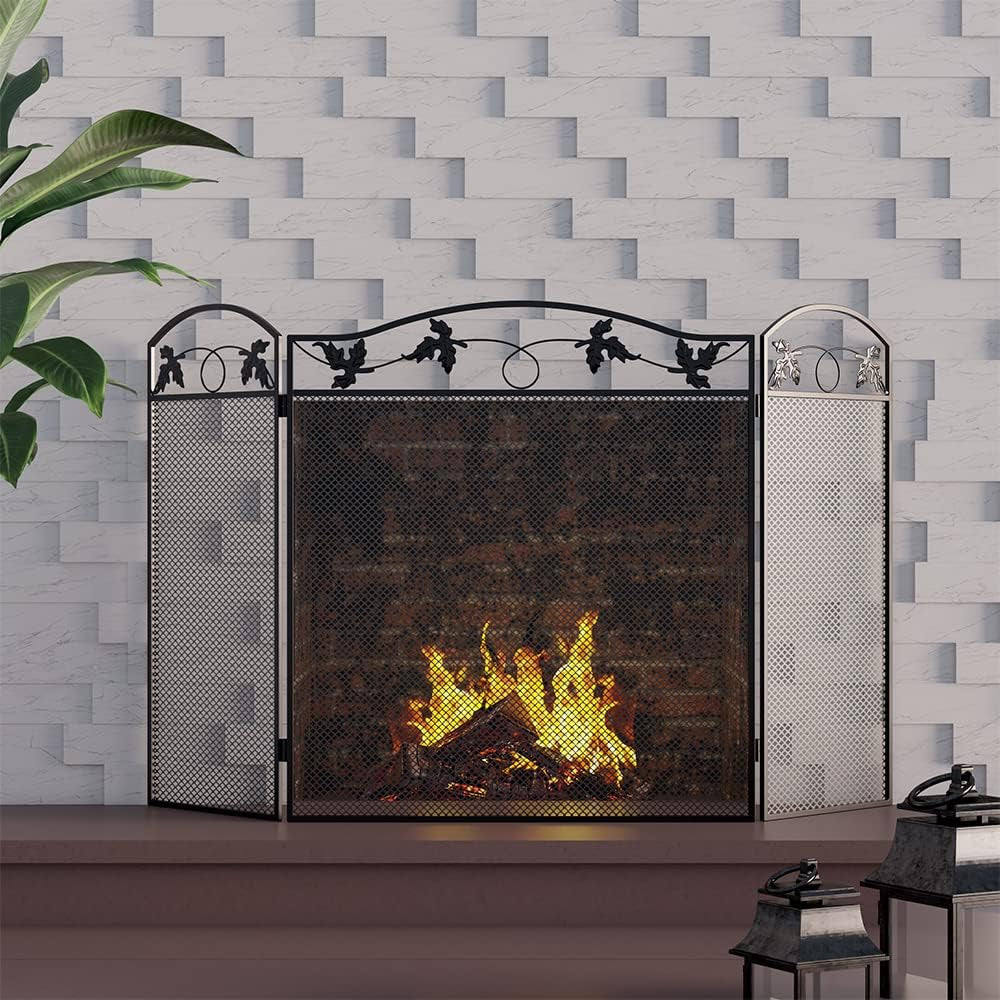 3-Panel Foldable Fireplace Screen, Black Steel Leaf Spark Guard