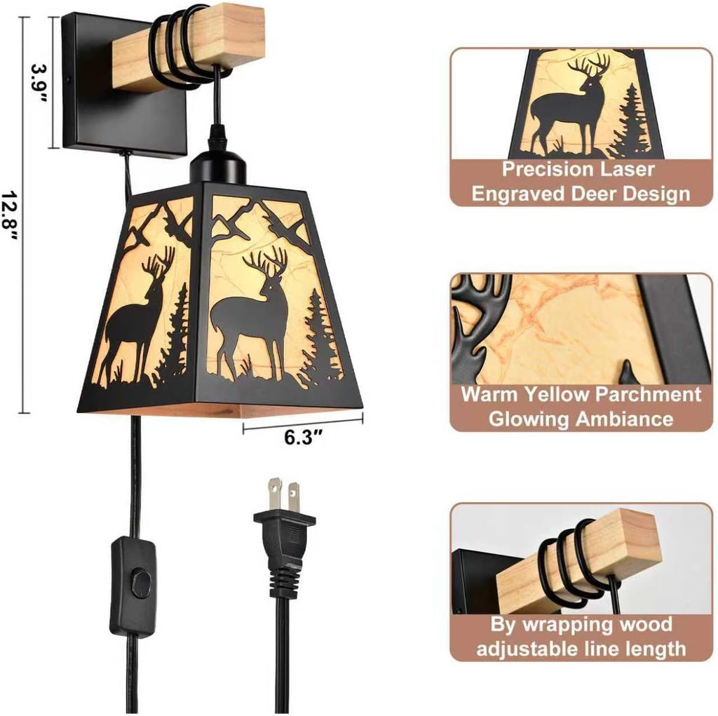 Plug in Wall Sconce,Deer Matte Metal Rustic Wall Sconces,Black Wall Lights,Farmhouse Parchment Paper Shades Wall Sconce Set of Two,Wall Lamps for Bedside,Living Room,Bedroom,Hallway,Bathroom