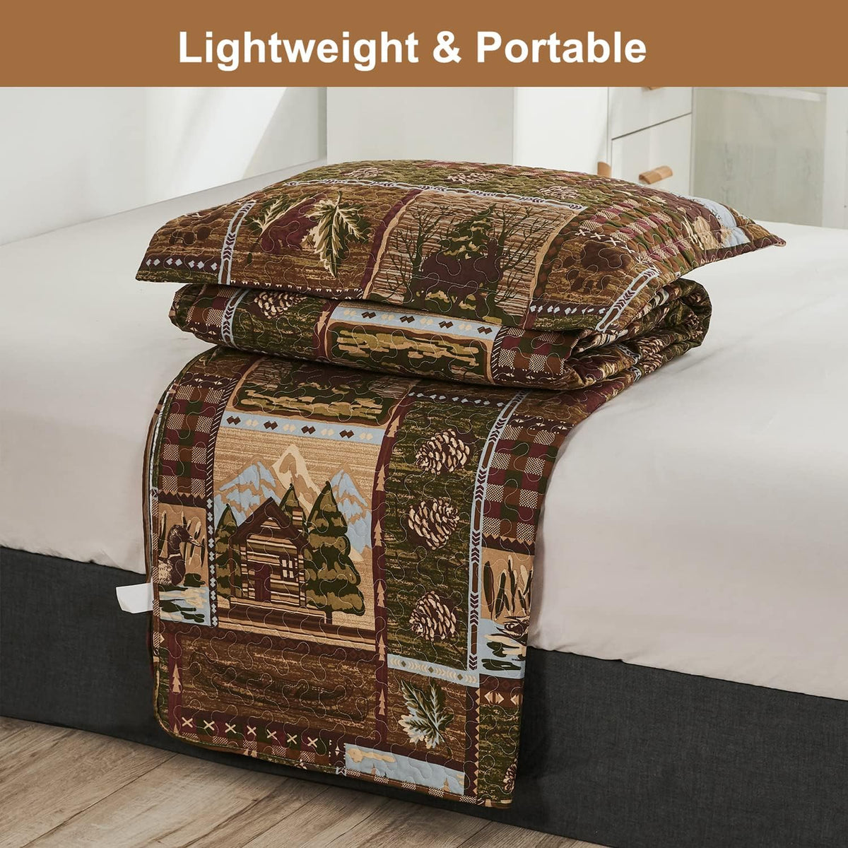 Lodge Bedspread Queen Size, Rustic Cabin Quilt Sets Moose Bear Bedspread Coverlet Patchwork Plaid Bedcover Reversible Wildlife Printed Quilted Bed Set Brown Bed Cover Country Decor(90"X 90")