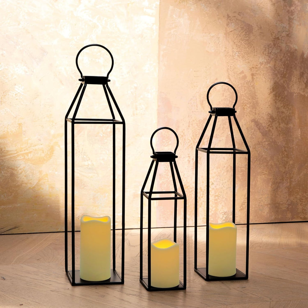 Set of 3 Black Metal Lanterns W/ Waterproof Flickering Flameless Candle & Remote Timer, Modern Farmhouse Lanterns Decorative for Outdoor, Front Porch, Indoor, Patio, Garden, Fireplace