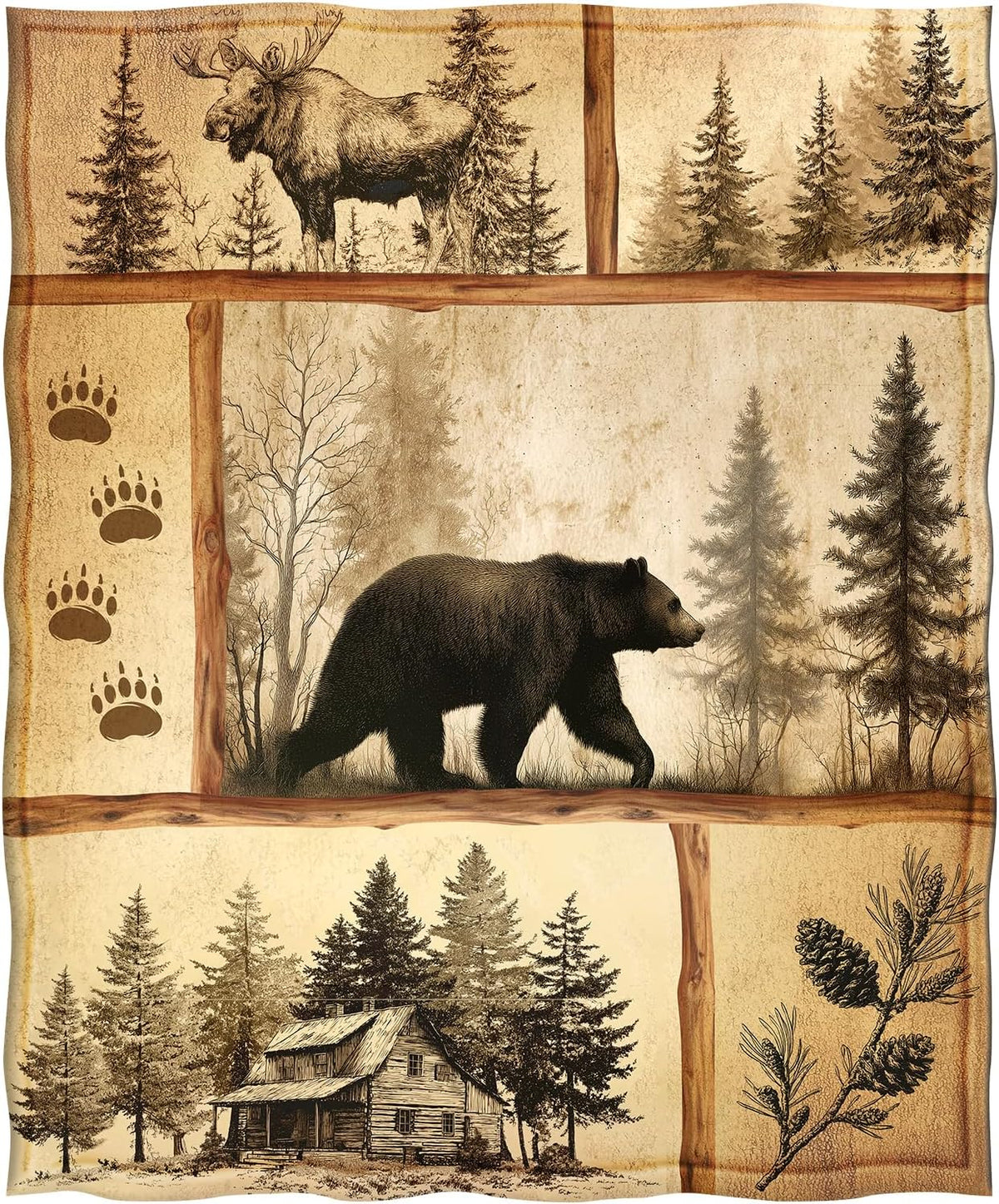 Bear Blanket Rustic Cabin Throw Blankets Gifts for Men Women, 60"X50" Farmhouse Country Bear Moose Forest Wild Animal Vintage Throw Blanket, Hunting Camping Flannel Throws Decor for Couch Bed Bedroom