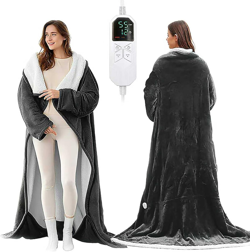 Wearable heated blanket front and back view with controller